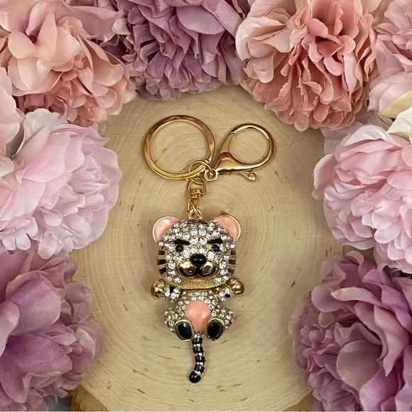Peach and Silver Crystal Gold Tiger Keychain Charm - Picture 2 of 9
